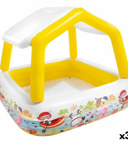 Intex inflatable kids' swimming pool with sun tent, 157x122x157 cm, featuring three pool toys for outdoor play.