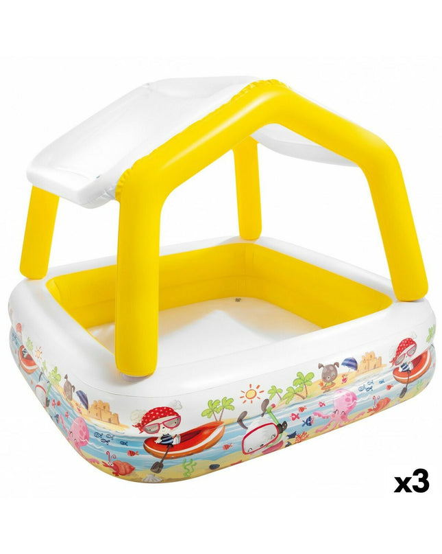 Intex inflatable kids' swimming pool with sun tent, 157x122x157 cm, featuring three pool toys for outdoor play.