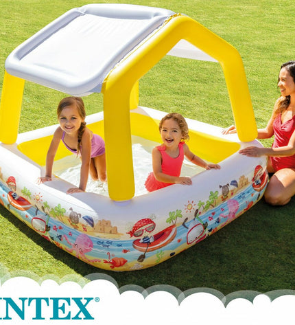 Intex inflatable children's pool with sun tent, 157x122x157 cm, featuring three units for outdoor fun and play.
