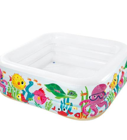 Intex Aquarium inflatable kids' pool set with three colorful pools, measuring 159 x 50 x 159 cm, suitable for outdoor play
