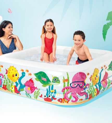 Inflatable Intex Aquarium kids' pool with colorful marine design, 340L capacity, set of three, 159x50x159 cm for outdoor play.