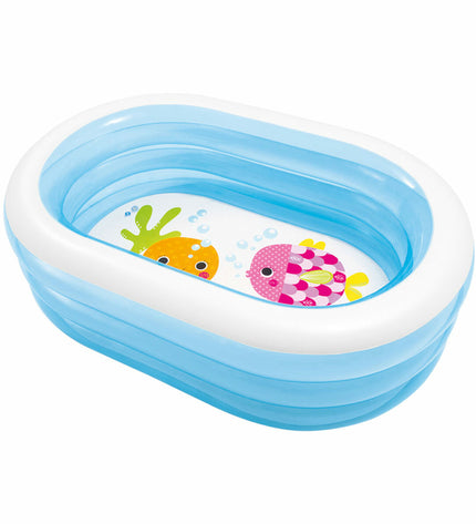 Intex opblaasbaar kinderzwembad in ovaalvorm, blauw en wit, 230L, 163x46x107 cm, six pieces, outdoor play toy.