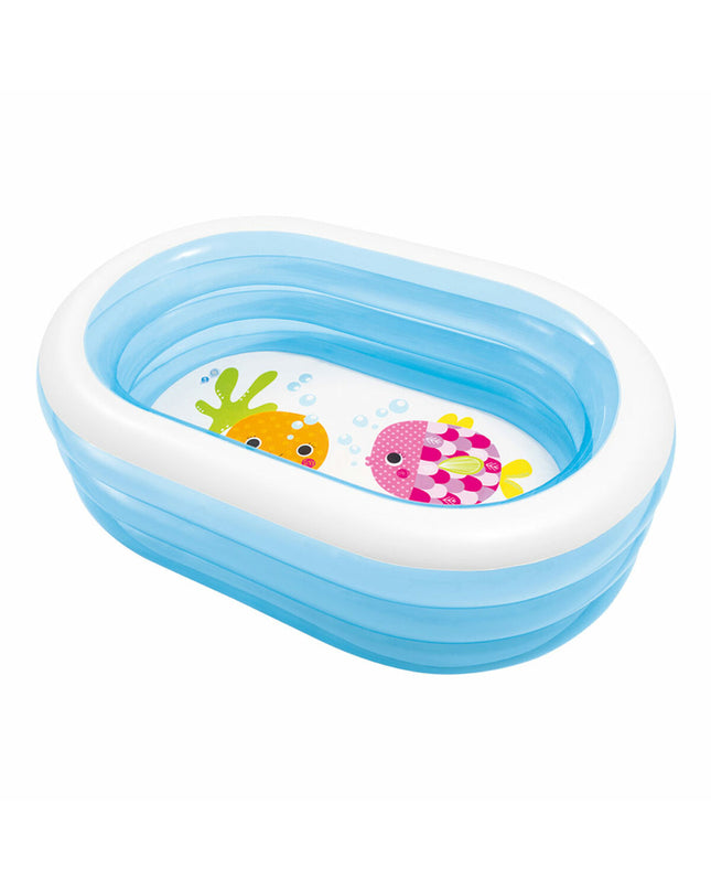 Intex opblaasbaar kinderzwembad in ovaalvorm, blauw en wit, 230L, 163x46x107 cm, six pieces, outdoor play toy.