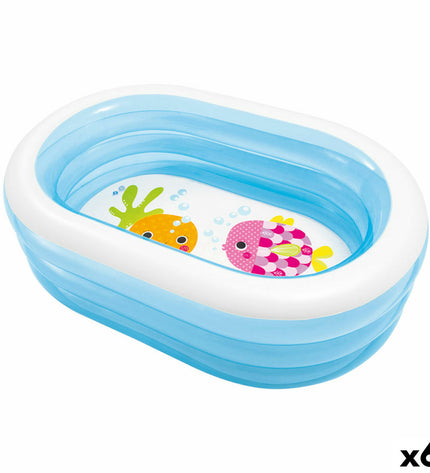 Blue and white Intex oval inflatable kiddie pool with 6 sections, measuring 163 x 46 x 107 cm, suitable for outdoor play.