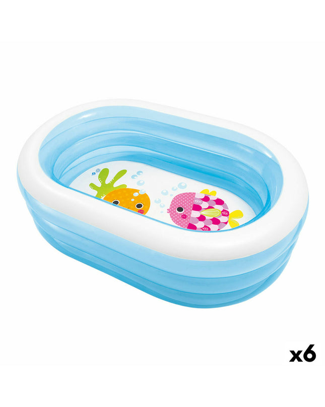 Blue and white Intex oval inflatable kiddie pool with 6 sections, measuring 163 x 46 x 107 cm, suitable for outdoor play.