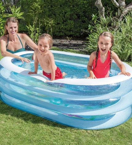 Blue and white oval Intex inflatable children's pool with 230L capacity, measuring 163 x 46 x 107 cm, six pieces included.