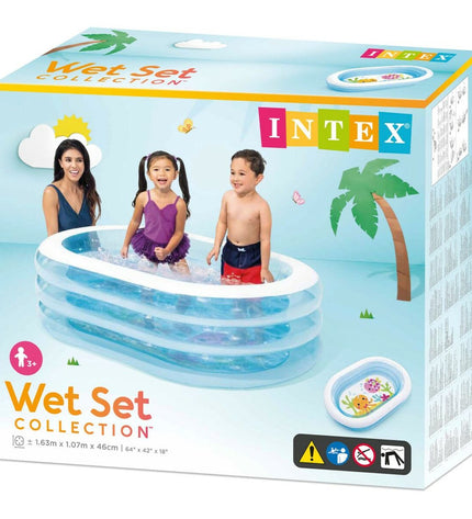 Blue and white oval inflatable children's pool by Intex, 163 x 46 x 107 cm, ideal for outdoor play with six pools included.