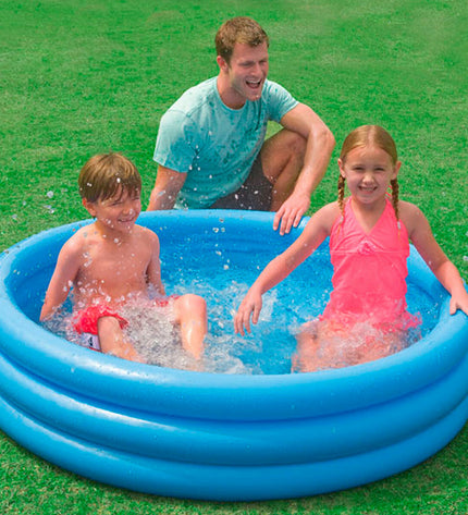 Six blue inflatable children's swimming pools with ring designs by Intex, measuring 147 x 33 cm, suitable for outdoor play.