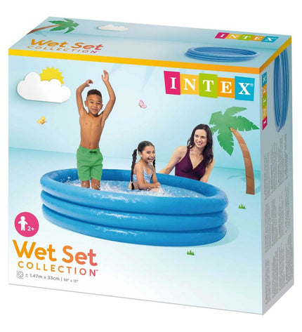 Six blue Intex inflatable children's pools with ring designs, 147 cm diameter, 33 cm high, perfect for outdoor water play.