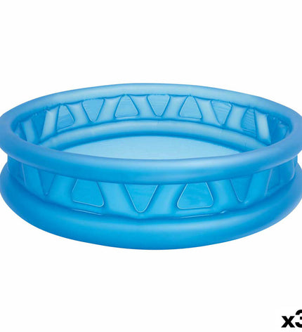 Blue Intex inflatable kids' round swimming pool, 188 cm diameter, 46 cm height, with three pools for outdoor water fun.