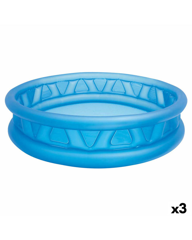 Blue Intex inflatable kids' round swimming pool, 188 cm diameter, 46 cm height, with three pools for outdoor water fun.