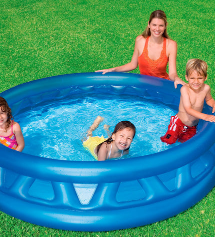 Blue Intex inflatable kids' swimming pool, round shape, 188 cm diameter, with three pools stacked for outdoor water play.