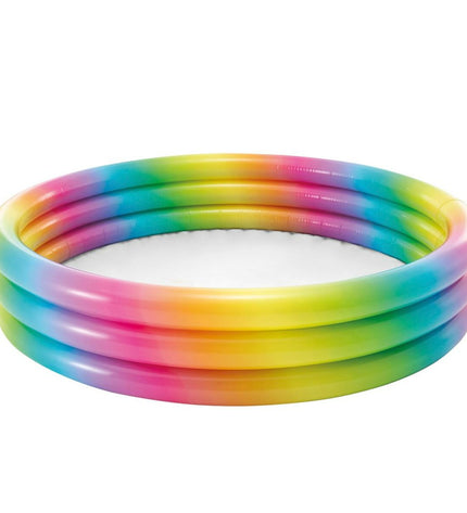 Intex multicolour inflatable children's pool with ring design, 147x33x147 cm, shown with six pool rings for outdoor play.