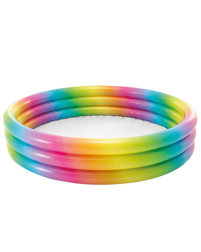 Intex multicolour inflatable children's pool with ring design, 147x33x147 cm, shown with six pool rings for outdoor play.