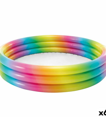 Intex multicolour inflatable children's swimming pool with ring design, 147x147x33 cm, six-piece set for outdoor play.