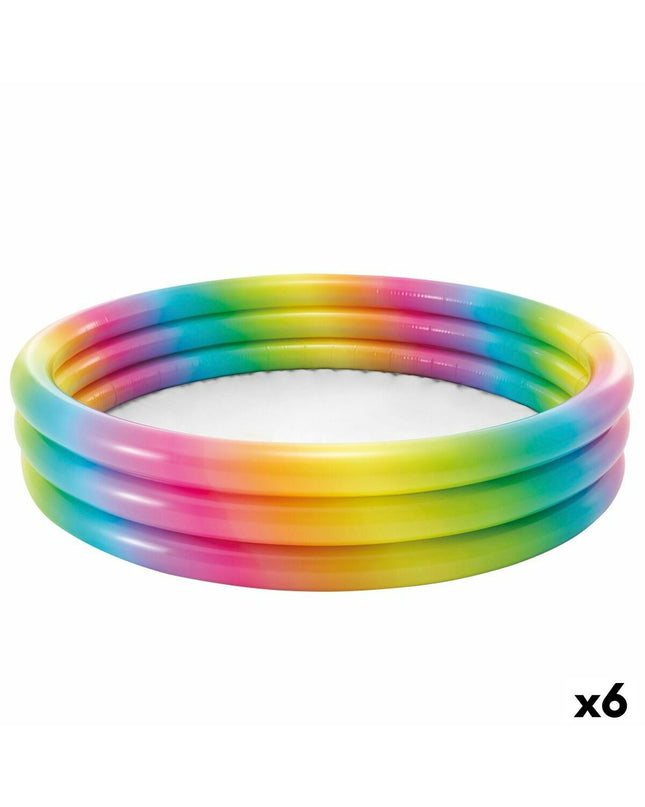 Intex multicolour inflatable children's swimming pool with ring design, 147x147x33 cm, six-piece set for outdoor play.