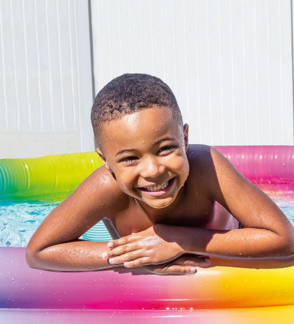 Intex multicolour inflatable children's swimming pools with ring design, 147 cm size, set of 6 for outdoor water fun.