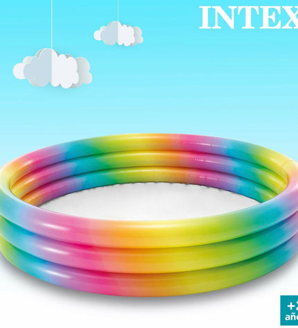Intex multicolour inflatable children's pool with rainbow rings, 147 x 147 x 33 cm, set of six for outdoor play and fun.