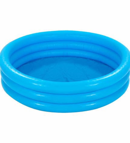 Six blue Intex inflatable children's swimming pool rings with colorful patterns, suitable for outdoor play and water fun.