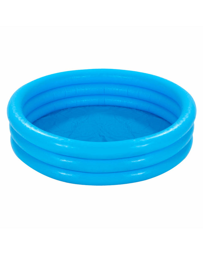 Six blue Intex inflatable children's swimming pool rings with colorful patterns, suitable for outdoor play and water fun.