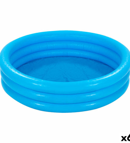 Six blue Intex inflatable children's swimming pools with ring designs, measuring 168 x 40 cm, suitable for outdoor play.
