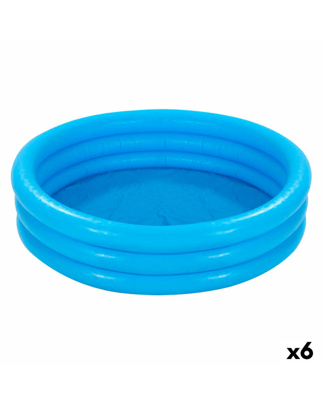 Six blue Intex inflatable children's swimming pools with ring designs, measuring 168 x 40 cm, suitable for outdoor play.