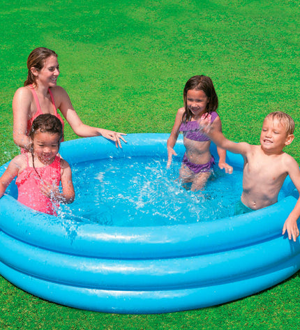 Six blue Intex inflatable kids pools with ring design, measuring 168 x 40 cm, suitable for outdoor play and water fun.