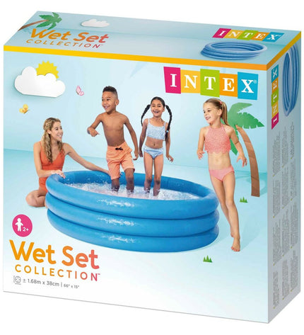 Intex inflatable children's swimming pools with blue rings, 168 x 40 cm, set of six, suitable for outdoor play and water fun.