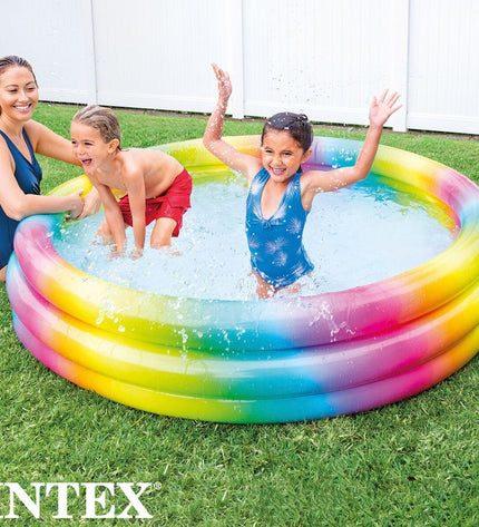 Intex multicolour inflatable children's swimming pools with ring design, 168 x 38 x 168 cm, set of six for outdoor fun.