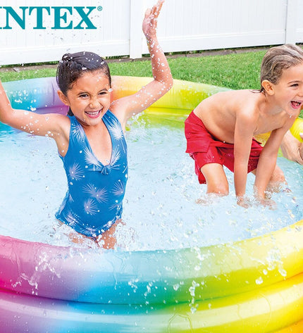 Six colorful Intex inflatable children's swimming pools with multicolour ring design, 168 x 38 x 168 cm, for outdoor play.