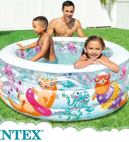 Intex inflatable kids' pool with aquarium design, 152x56x152 cm, colorful plastic pool for outdoor play, set of three.