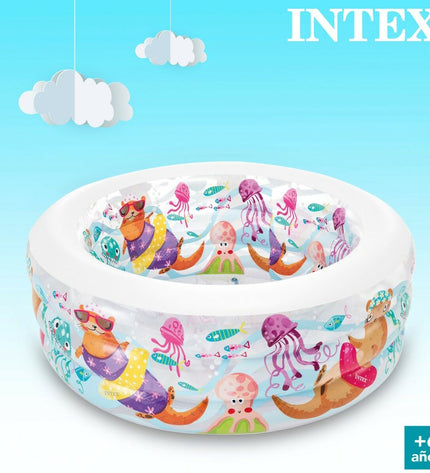 Inflatable Intex Aquarium kids' pool with 360L capacity, 152x56x152 cm, three colorful pools for outdoor play and fun.