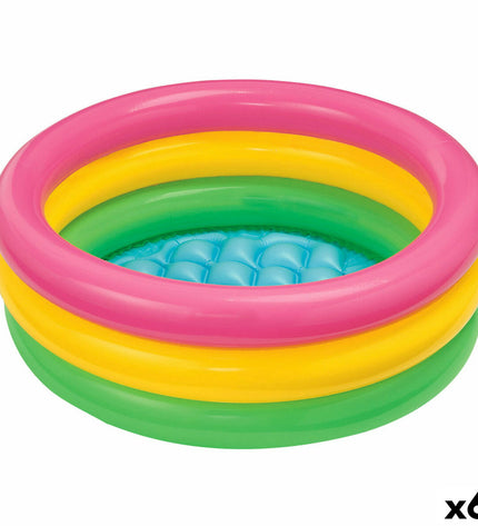 Set of six Intex Sunset inflatable children's pools with colorful ring designs, ideal for outdoor water play.