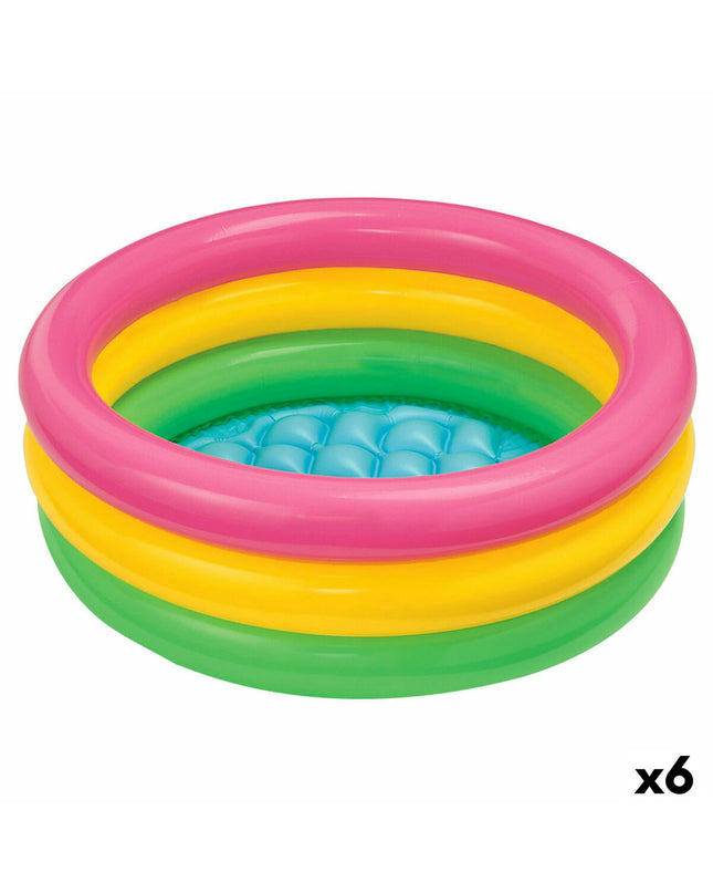 Set of six Intex Sunset inflatable children's pools with colorful ring designs, ideal for outdoor water play.