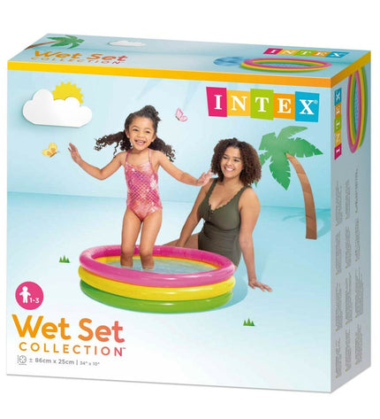 Six Intex Sunset Ringen inflatable kiddie pools, colorful ring-shaped toys for outdoor fun, measuring 86 x 25 x 86 cm.