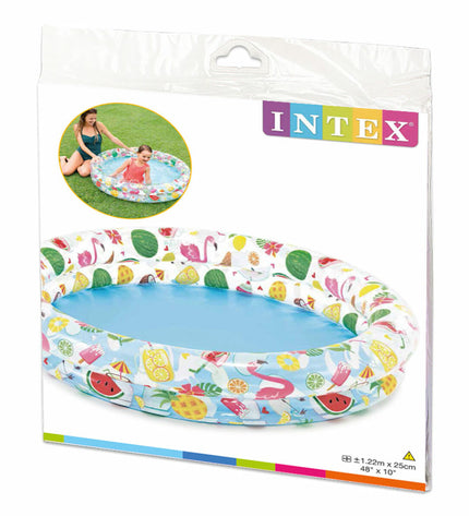 Set of 12 Intex inflatable kids' swimming pools with tropical ring design, 150L capacity, measuring 122x25 cm each.