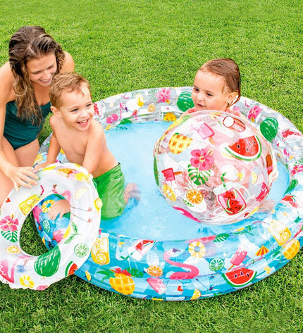 Set of 12 Intex inflatable children's tropical ring swimming pools, 122 x 25 cm, for outdoor water play and fun.