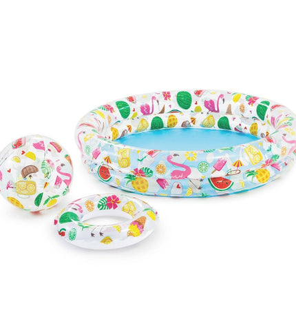 Set of 12 Intex inflatable children's swimming pools with tropical ring design, 122 x 25 cm, ideal for outdoor play and water fun.