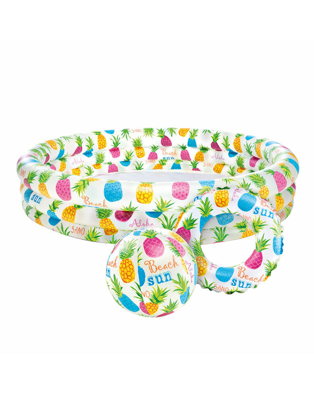 Set of 12 Intex inflatable pineapple kiddie pools with colorful ring design, ideal for outdoor play and summer fun for children.
