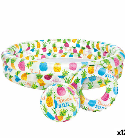 Intex inflatable children's pineapple swimming pool with colorful rings, 132x28x132 cm, set of 12 for outdoor fun.