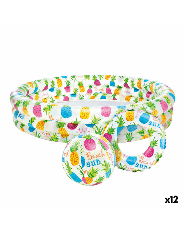 Intex inflatable children's pineapple swimming pool with colorful rings, 132x28x132 cm, set of 12 for outdoor fun.