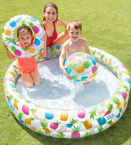 Intex inflatable children's pineapple pool with colorful rings, 132 x 28 x 132 cm, set of 12 for outdoor summer fun.