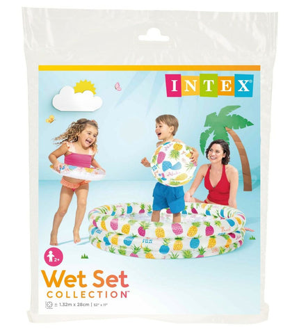 Intex inflatable children's pineapple pool with ring design, 132x28x132 cm, set of 12 for outdoor play and water fun.