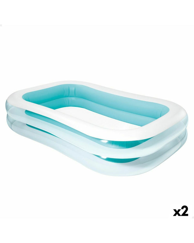 Two Intex inflatable swimming pools in white and green, 770L capacity, shown with dimensions 262x56x175 cm, for outdoor use.