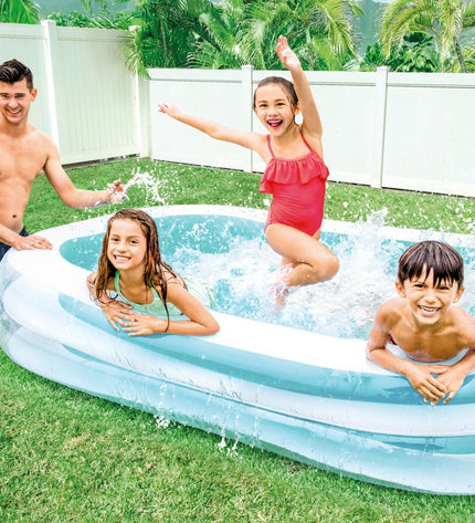 Two Intex inflatable garden pools in white and green, measuring 262 x 56 x 175 cm, suitable for outdoor use.