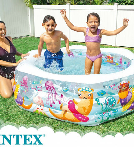 Intex Opblaaszwembad Acuario set with three 191 x 61 x 178 cm inflatable pools in a garden setting