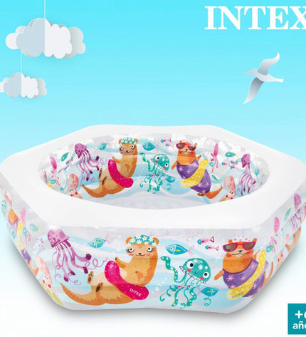 Three Intex Aquario inflatable swimming pools, 191x61x178 cm, suitable for garden use, with colorful patterns and sturdy construction.