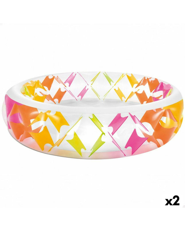 Two Intex inflatable garden pools, 229x56x229 cm, shown with bright blue circular design, suitable for outdoor fun.