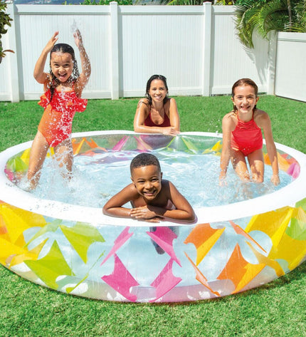 Two Intex inflatable swimming pools, 229x56x229 cm, suitable for garden use, shown filled and ready for relaxation.