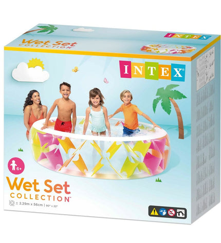 Two Intex inflatable swimming pools, 229x56x229 cm, suitable for garden use, shown inflated and ready for water.